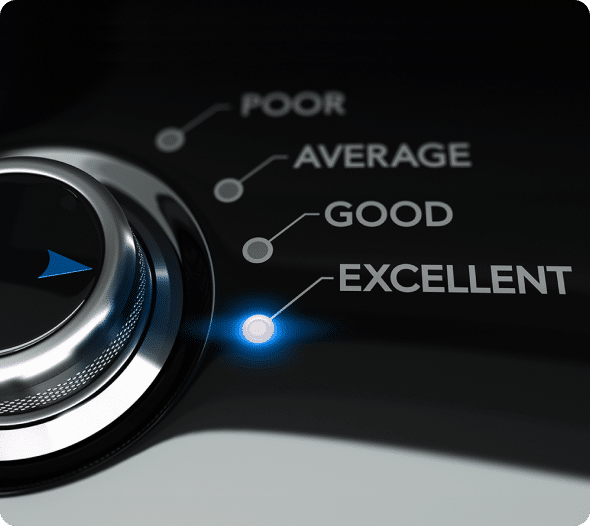 A close-up of a dial turned to the right, pointing to the word "EXCELLENT," which is illuminated. The other options, moving left to right, are "POOR," "AVERAGE," and "GOOD." The black background accentuates the blue glow of the "EXCELLENT" indicator—promex auto's mark of top-tier auto repair.