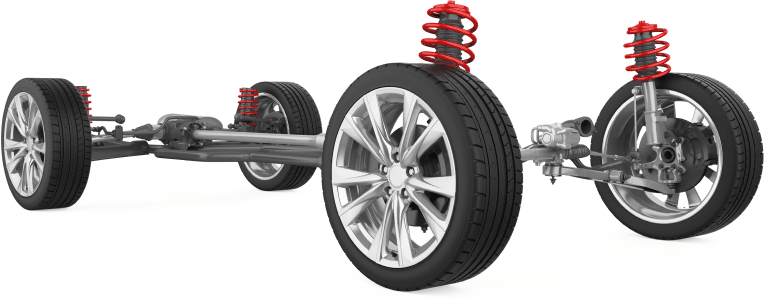 Suspension Repair in Newport, NH by Promex Auto. Image of a car's suspension system, featuring four wheels attached to a metallic frame. The front and rear coil springs are highlighted in red, enhancing visibility. The wheels are mounted on stylish rims, illustrating the vehicle's undercarriage structure.