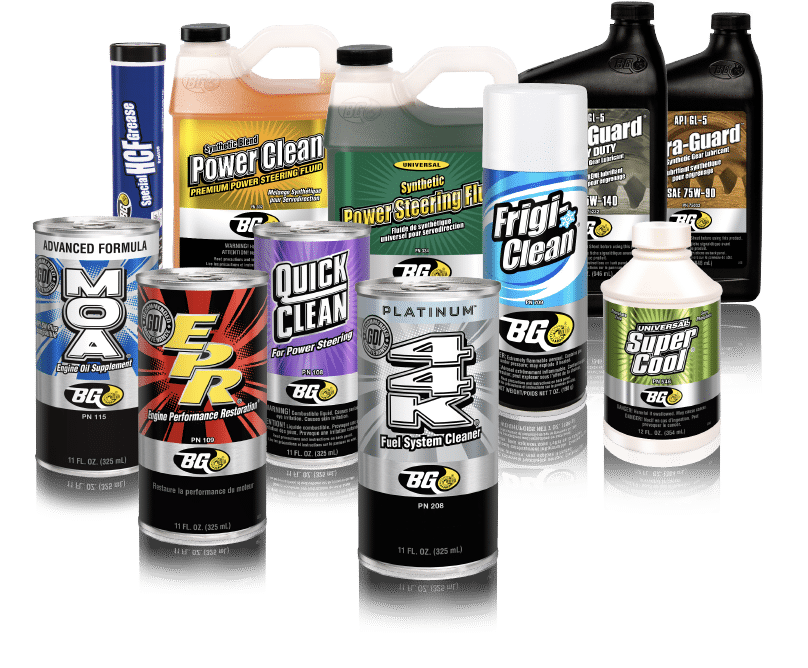 BG Maintenance services for cars and trucks in Newport, NH with Promex Auto. Image of different BG products used for preventive maintenance in the shop.